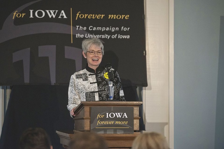 UI Foundation President and CEO Lynette Marshall addressing faculty, staff, students and media during the second annual Phil's Day on May 2.