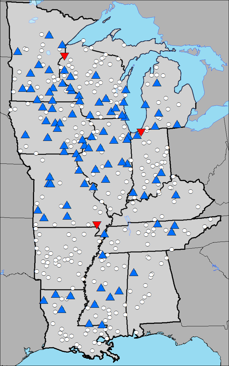 The map shows location of selected rain gauges, with blue (red) triangles depicting sites with significant increasing (decreasing) trends, and white circles showing sites with little or no change. (Adapted from Villarini et al. (2013))