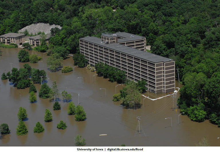 Aerial view of Mayflower Hall during the 2008 flood
