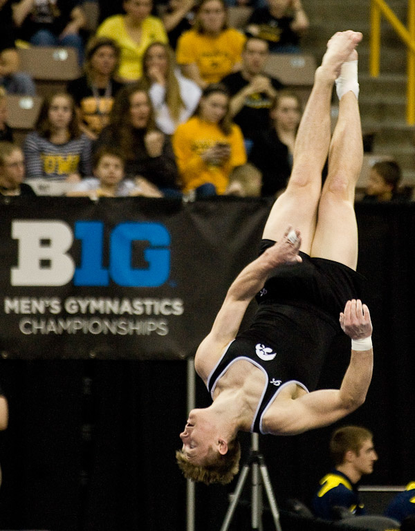 Brandon Field flips while competing in the floor exercise
