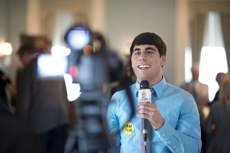 Student Nick Rolson speaks with Daily Iowan Television May 2 after a media event announcing the Forever Iowa. Forevermore. campaign. 