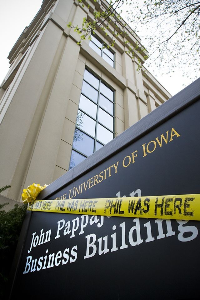 Caution tape bearing the words "Phil was here" was strung across signs across campus, demonstrating the many facilities and programs supported by gifts to the university. 