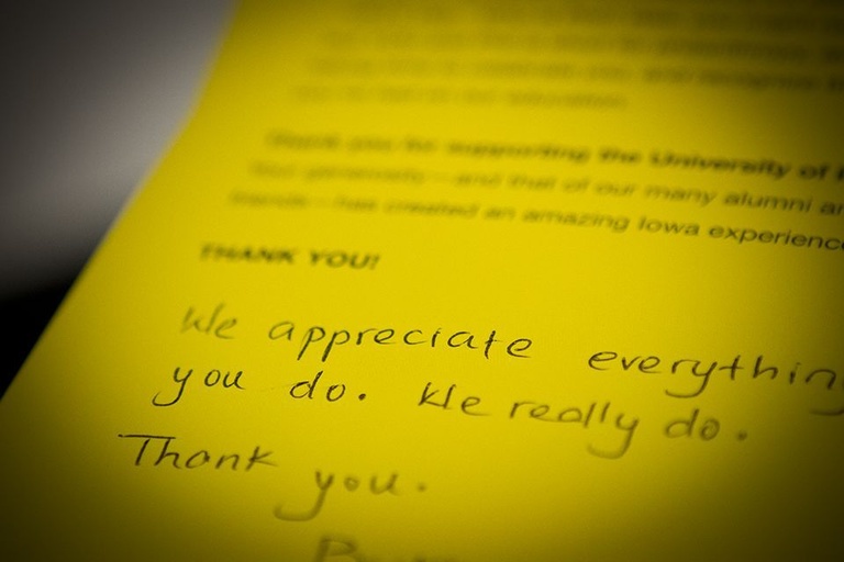 A personal thank you note intended for donors. 