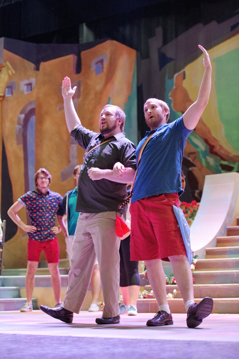 University of Iowa School of Music students Ben Laur and Jordan Pohlmann rehearse their roles for their performance of Gilbert & Sullivan's "The Gondoliers" on Tuesday, June 30th. The comedic opera is being directed by Nicholas Wuehrmann and will performe