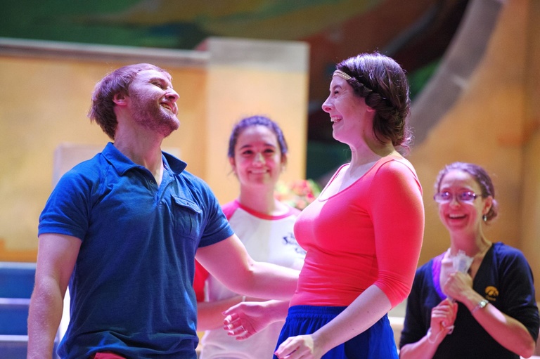 University of Iowa School of Music students Jordan Pullman and Tessa Hoffman rehearse their roles for their performance of Gilbert & Sullivan's "The Gondoliers" on Tuesday, June 30th. The comedic opera is being directed by Nicholas Wuehrmann and will perf