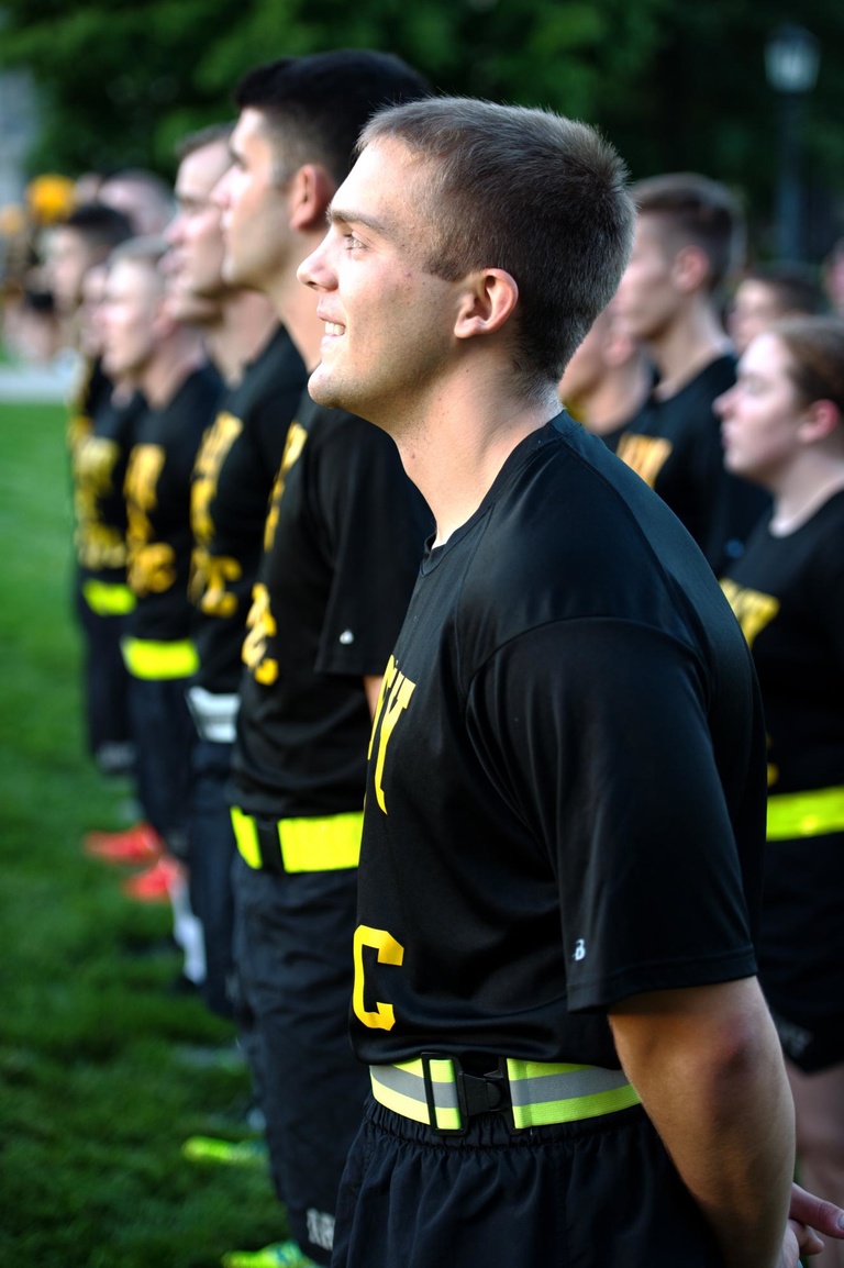 University of Iowa Army ROTC cadets prepare for the 28th annual Army ROTC Game Ball Run.