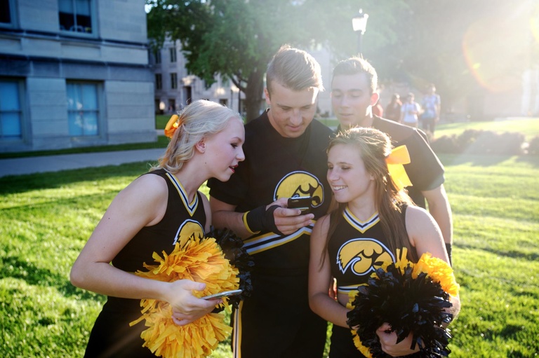 Members of the University of Iowa Spirit Squad get together for a photo during the Beat State Pep Rally on Thursday, Sept. 10. Justin Torner