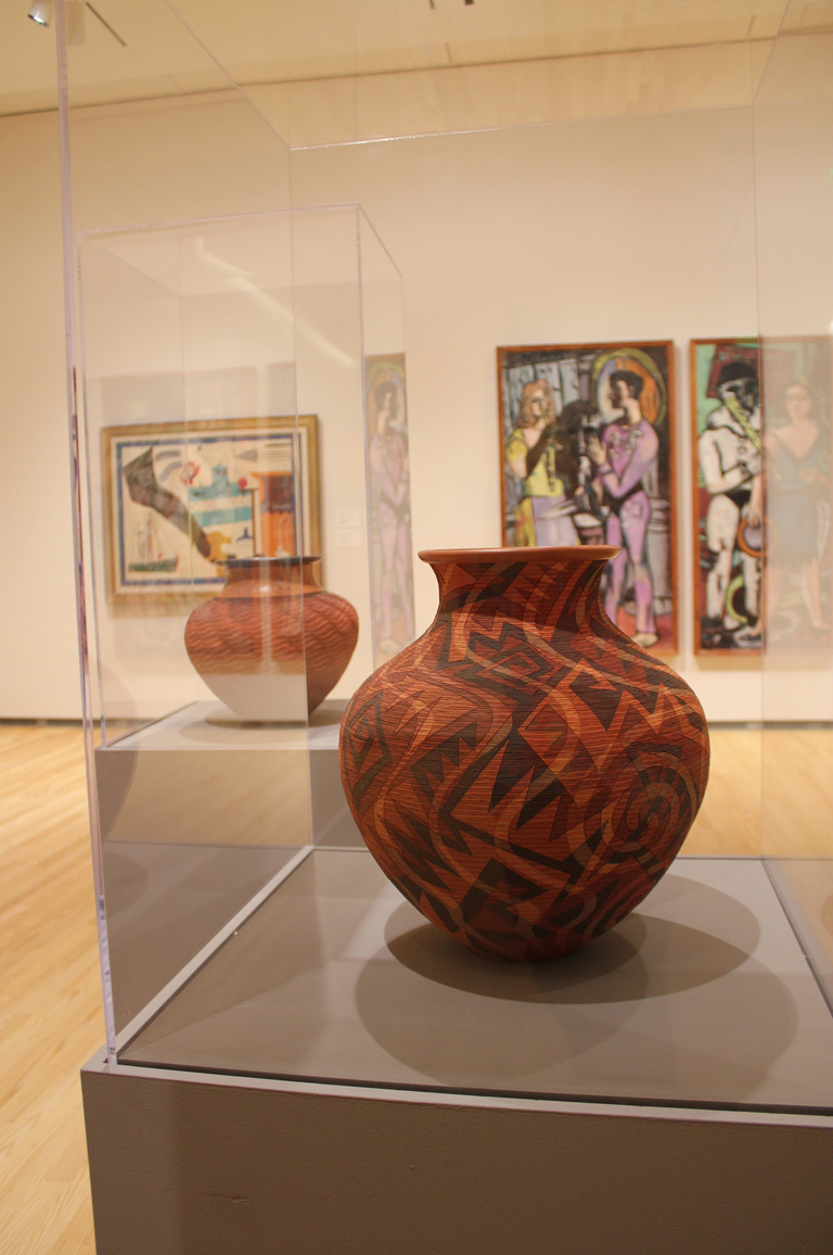 Artist Richard Zane Smith, an enrolled member of the Wyandot Nation of Kansas, bases his basket-like vessels on ancient Pueblo pottery. (Front: Edge and Flow, 2012, Stanley Education Partners, 2019.55. Back: A Boy and His Snake, 2012, Stanley Education Pa