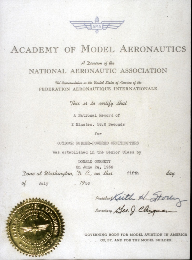 Don Gurnett was awarded this certificate for the national model ornithopter record, set in 1956. Gurnett's model set the record for longest time in flight.