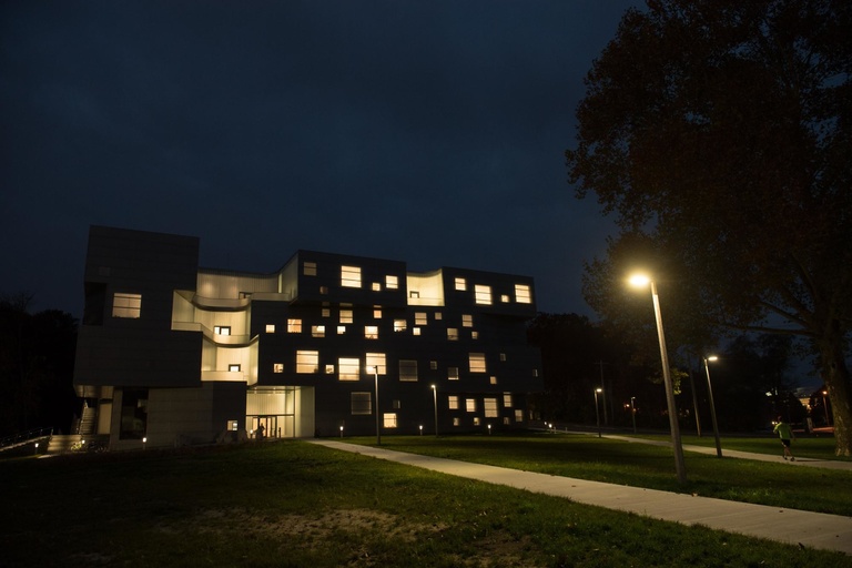 visual arts building exterior at night