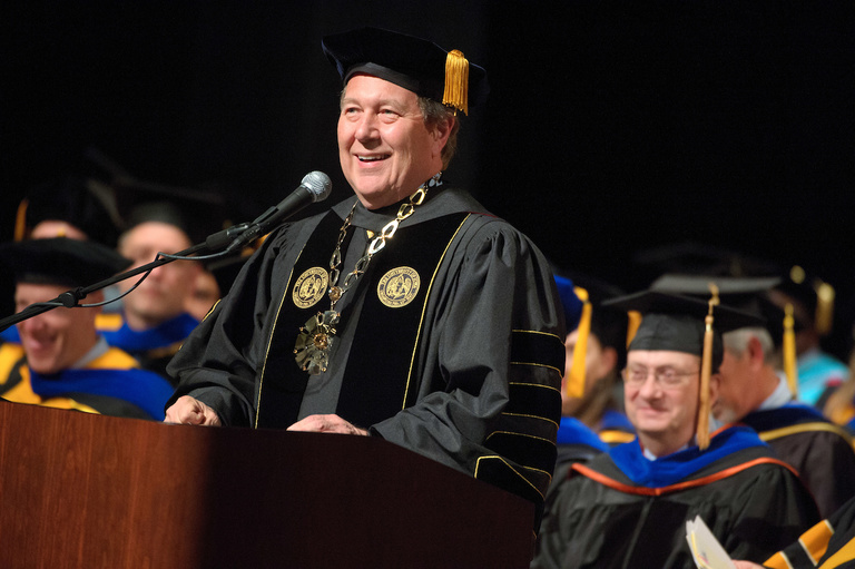 University of Iowa President Bruce Harreld makes closing remarks at the Graduate College commencement ceremony on Dec. 16.