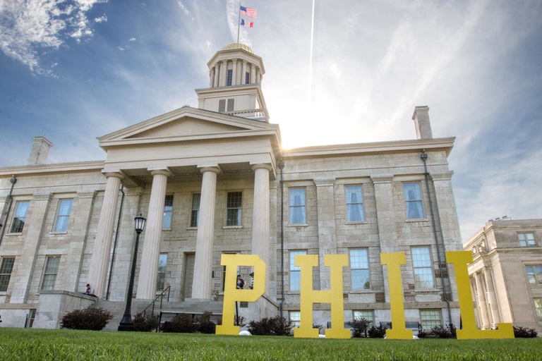 Large wooden letters spelled out P-H-I-L on the Pentacrest during Phil’s Week to call attention to the impact of philanthropy on the UI campus.