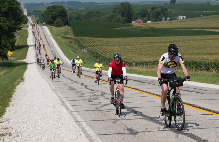 cyclists on country road during ragbrai 2018