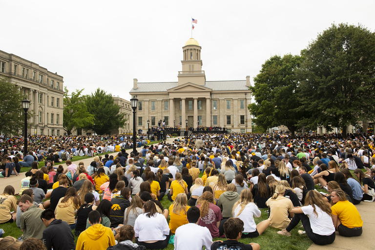students in front of old capitol during convocation and block party 2019
