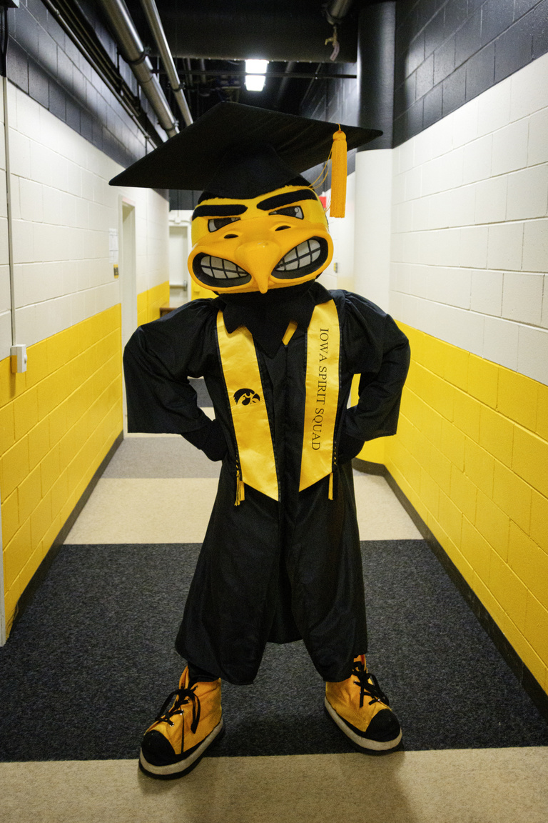 herky poses during fall 2019 commencement ceremonies.
