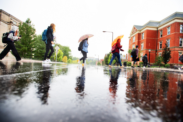 students in rain