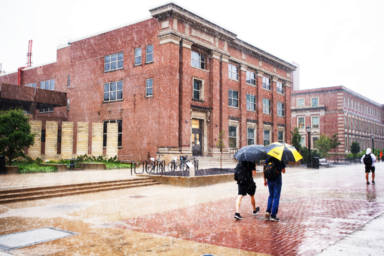 students in rain