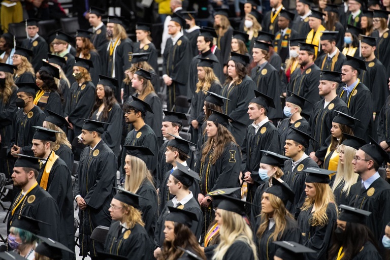 The University of Iowa returned to in-person commencement ceremonies in fall 2021 after virtual ceremonies the preceding two semesters due to the COVID-19 pandemic. Photo by Tim Schoon.