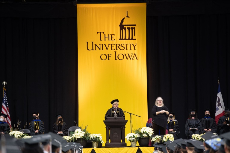 President Barbara Wilson speaks at the College of Liberal Arts and Sciences ceremony. Photo by Tim Schoon.