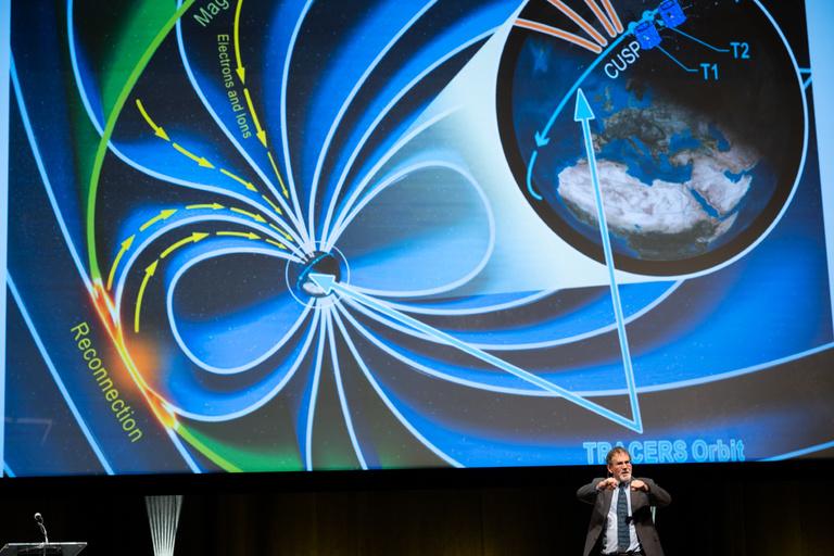 Professor Craig Kletzing explains the TRACERS mission during his Presidential Lecture.