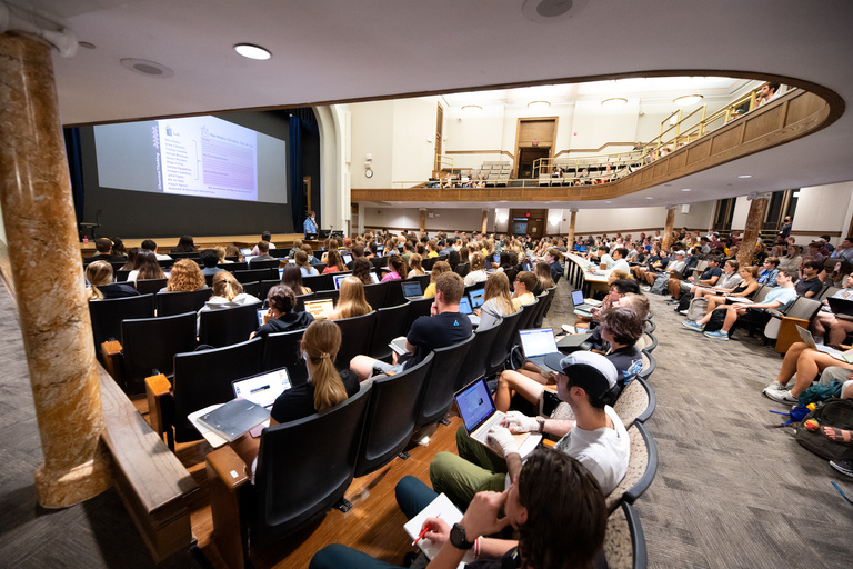 Students attend Principles of Chemistry in Macbride Hall on the first day of fall 2022 classes.