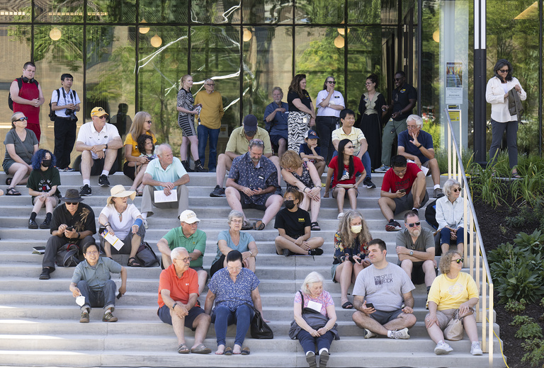 Visitors gather on the steps of the UI Stanley Museum of Art during the opening ceremonies.