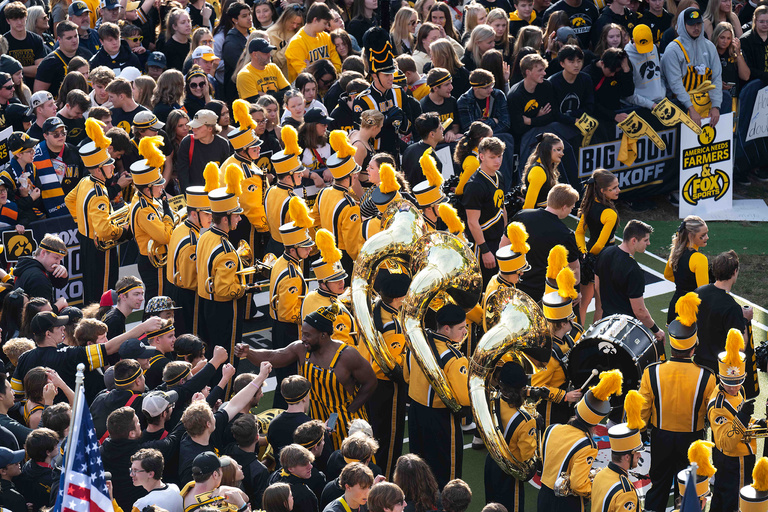 The Hawkeye Marching Band is ready to pump up the crowd during the Fox Big Noon Kickoff on Saturday, Oct. 1.