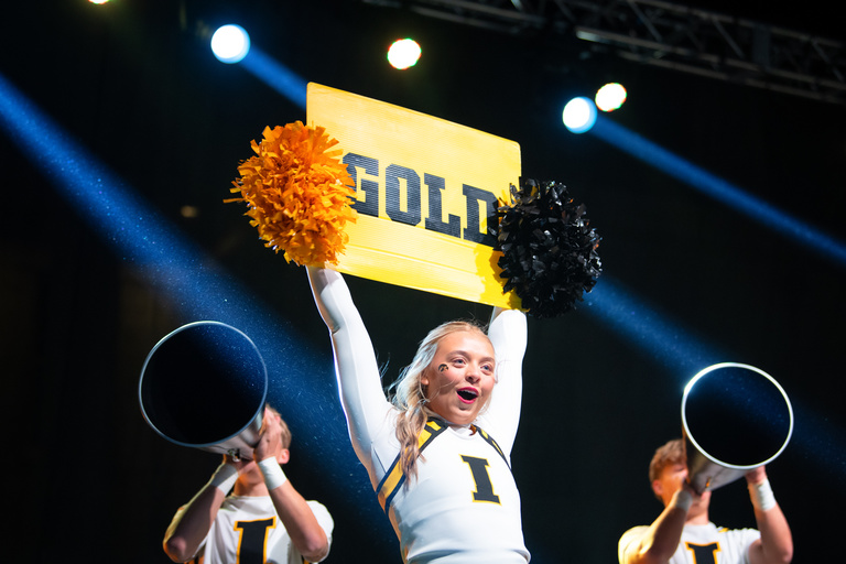 The UI Spirit Squad takes the stage at Iowa Shout on Oct. 28.