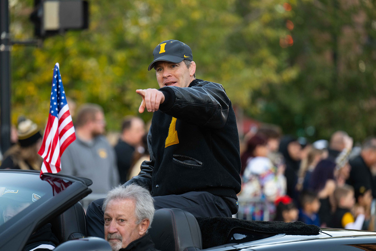Iowa Men's Wrestling Head Coach Tom Brands was one of two grand marshals for the homecoming parade. The other was Clarissa Chun, head coach of the women's wrestling team.