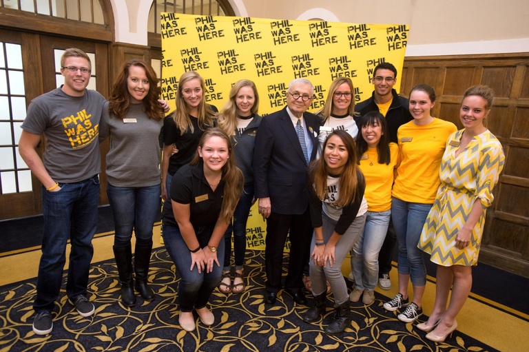 Members of the UI Foundation's Student Philanthropy Group (SPG) pose for a photo with John Pappajohn following his "Life With Phil" lecture on October 9, 2015.
