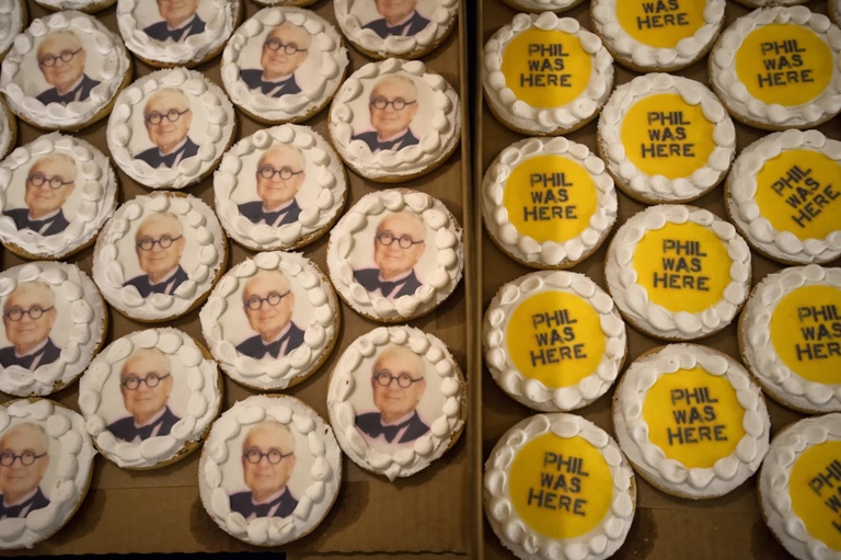 UI students, faculty, and staff attending the first fall "Life With Phil" talk, delivered by John Pappajohn, were treated to cookies decorated with his face, as well as with the "Phil Was Here" logo.