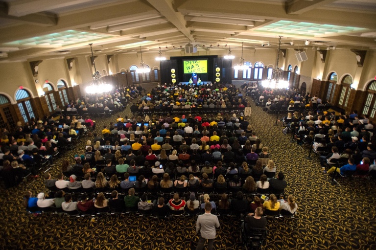 UI students, faculty, and staff filled the IMU Main Lounge to hear legendary philanthropist and business leader John Pappajohn talk about his "Life With Phil" on Friday, October 9, 2015.