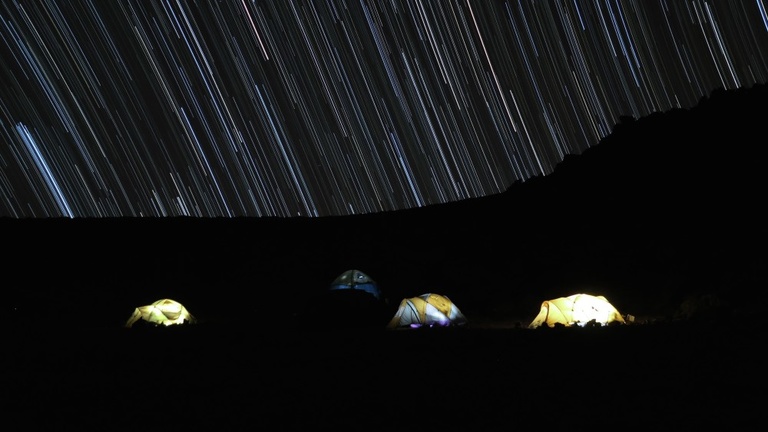 A long exposure shot of the night sky above the researchers' campground. 