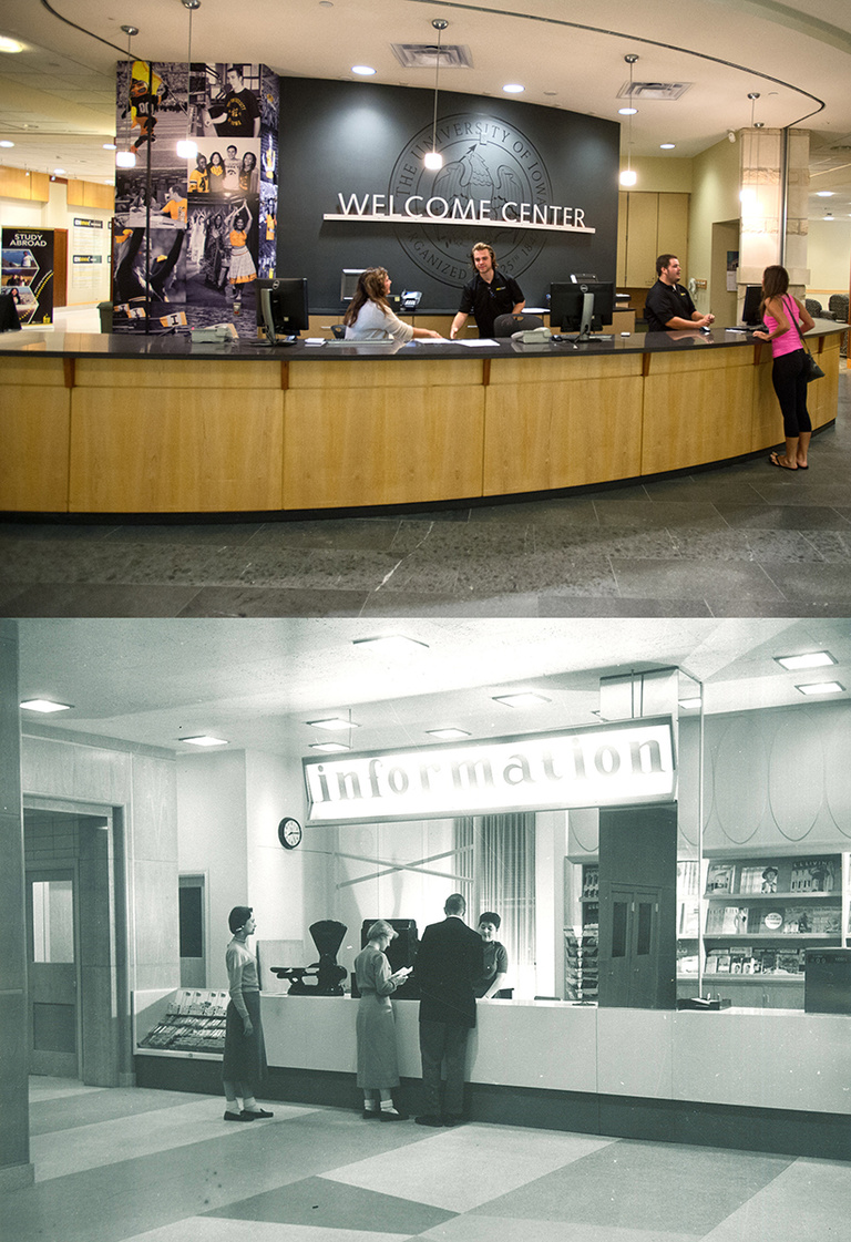 IMU information desk in 1950s and present day
