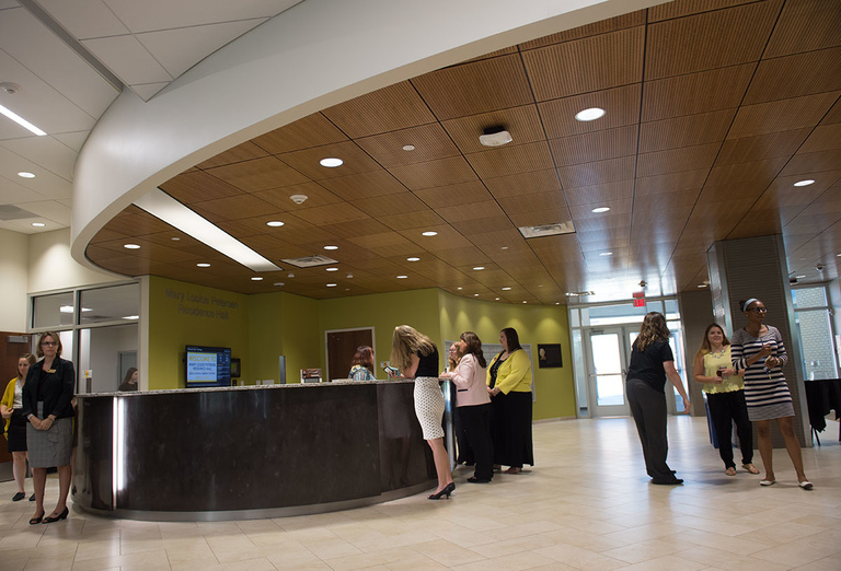 The main entrance lobby of the Mary Louise Petersen Residence Hall.
