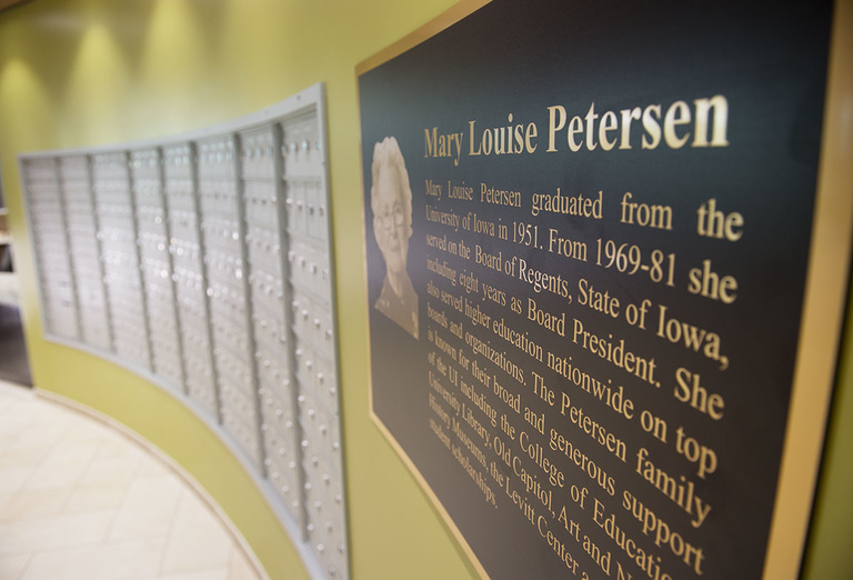 The main entrance lobby of the Mary Louise Petersen Residence Hall.