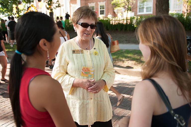 Sally Mason meets students at her annual block party