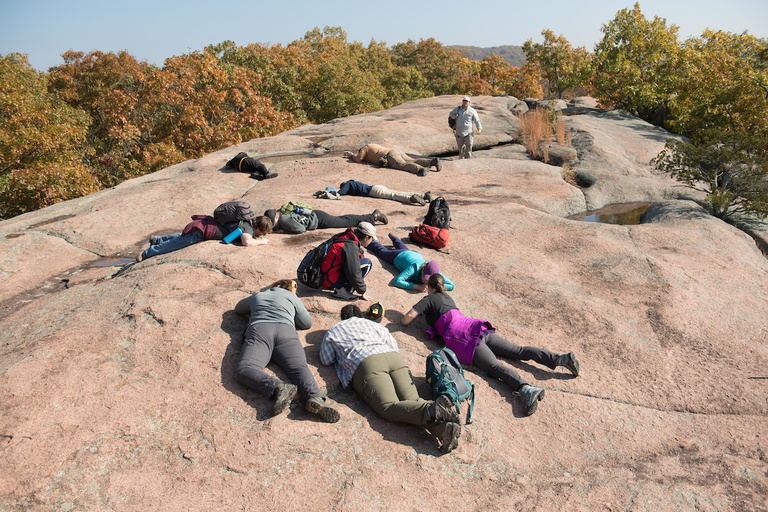 Geology majors in the get down on their bellies and use loupe magnifiers to examine minerals and crystals in rocks at Elephant Rocks State Park. The rocks’ composition yields insights into the geological processes that have shaped them. 