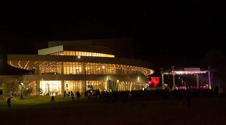 Hancher Auditorium at night