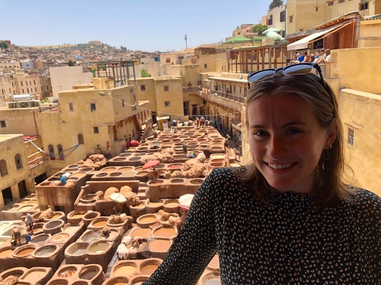 mary traynor in front of tannery in fes, morocco