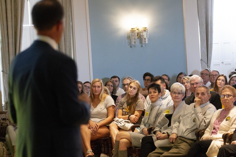 Athletico CEO and UI alumnus Mark Kaufman spoke to a full room at the Old Capitol Building for his “Life with Phil” talk on April 26. Photo courtesy of UI Center for Advancement.