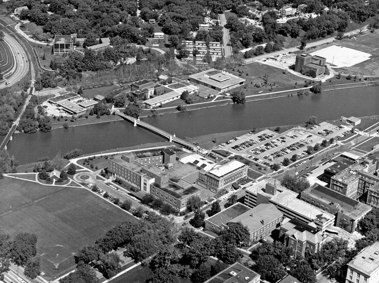 Aerial view of IMU and arts campus in 1968