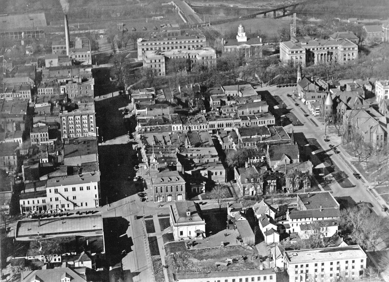 Black and white aerial view of downtown Iowa City in 1923