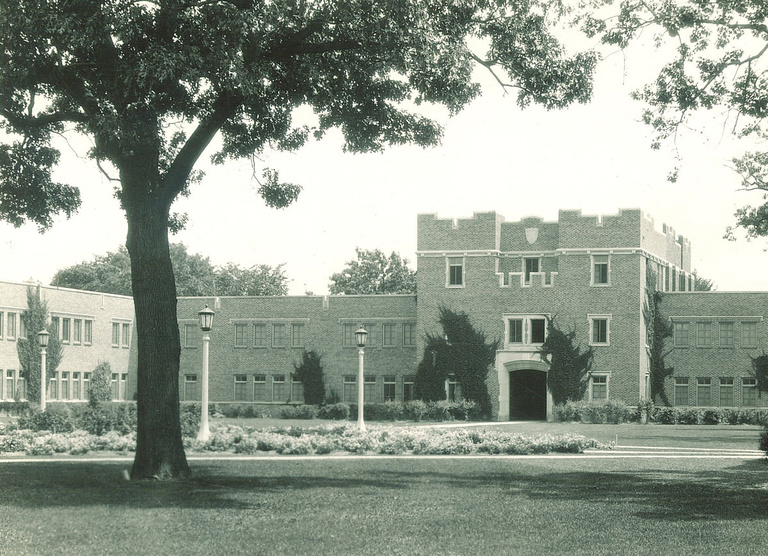 black-and-white image of Quadrangle's exterior and courtyard