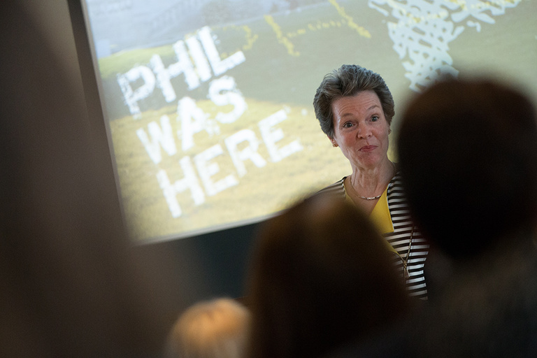 P. Sue Beckwith, M.D., during her “Life With Phil” talk in the Senate Chamber of the Old Capitol Museum.