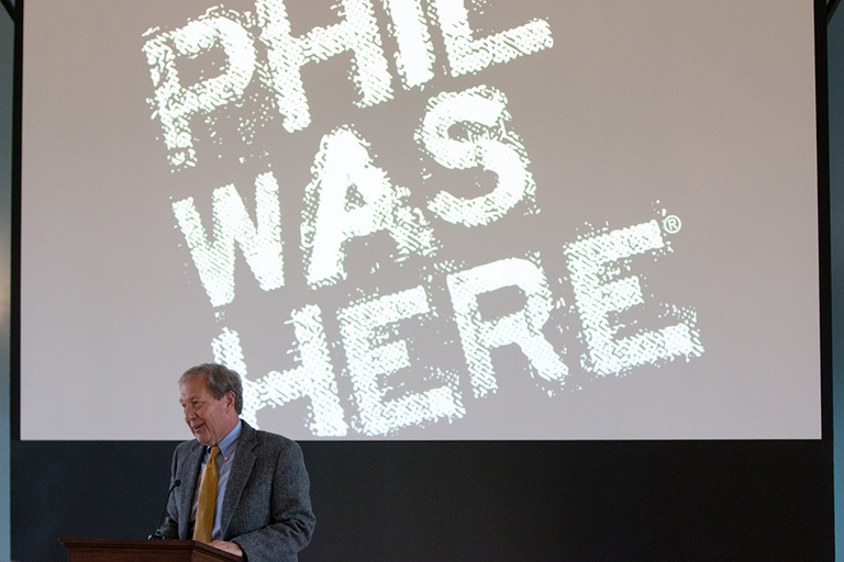 President Bruce Harreld welcomed a standing-room-only audience for the annual spring “Life With Phil” talk, delivered by P. Sue Beckwith, M.D.