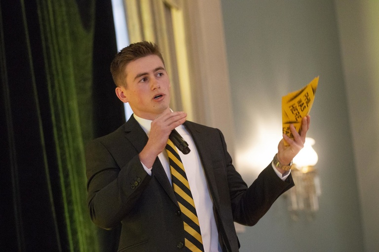 Fourth-year undergraduate student Ryan Brennan, president of the Student Advancement Network, delivers remarks at the “Life with Phil” event on April 26. Photo courtesy of UI Center for Advancement.