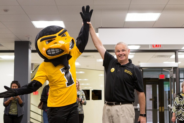 Herky made appearances at campus events throughout the week—including when he challenged College of Education Dean Daniel Clay to a “bags” showdown. Herky won.