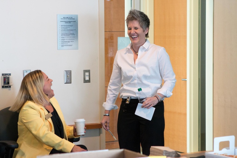 College of Engineering colleagues Kate Metcalf (director of development, UI Foundation) and Nicole Grosland (biomedical engineering professor) enjoyed a laugh during their breakfast gathering in the Seamans Center for the Engineering Arts & Sciences