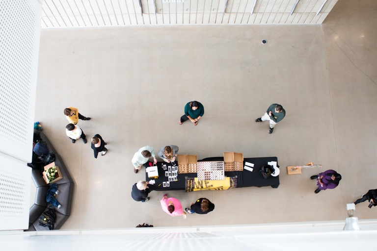 View from above: College of Liberal Arts & Sciences drop-in event at Voxman Music Building.